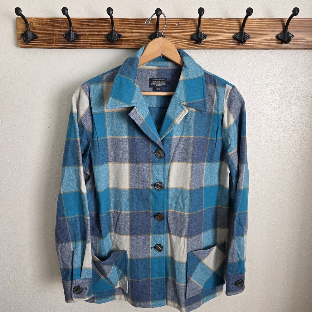 Pendleton Women's Blue Plaid Button-Up Jacket 100% Virgin Wool Size: L